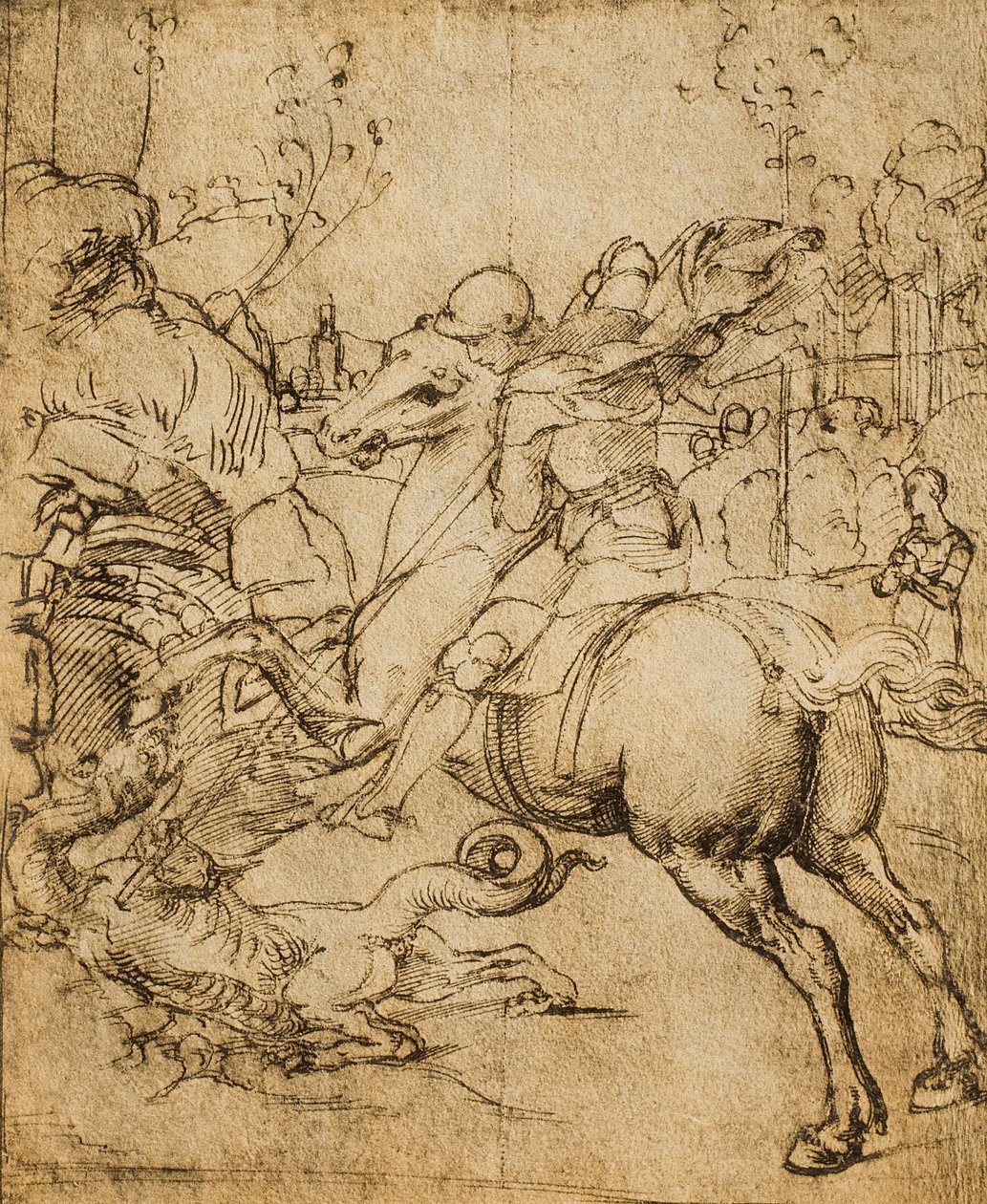 Szent György megöli a sárkányt; Raphael rajza. Rajzok és nyomatok kabinetje, Uffizi Galéria, Firenze alkotó: Raffaello Sanzio Raphael