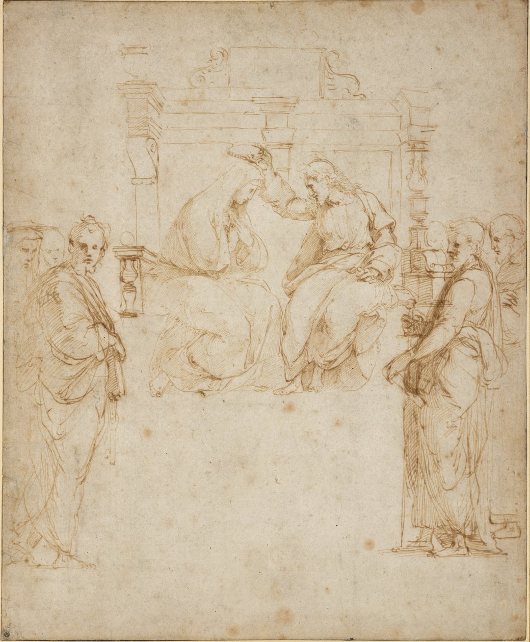 A Szűz koronázása, WA1846.206 (toll és barna tinta vakceruza felett, a lap szélei fekete tintával csíkozva) alkotó: Raffaello Sanzio Raphael
