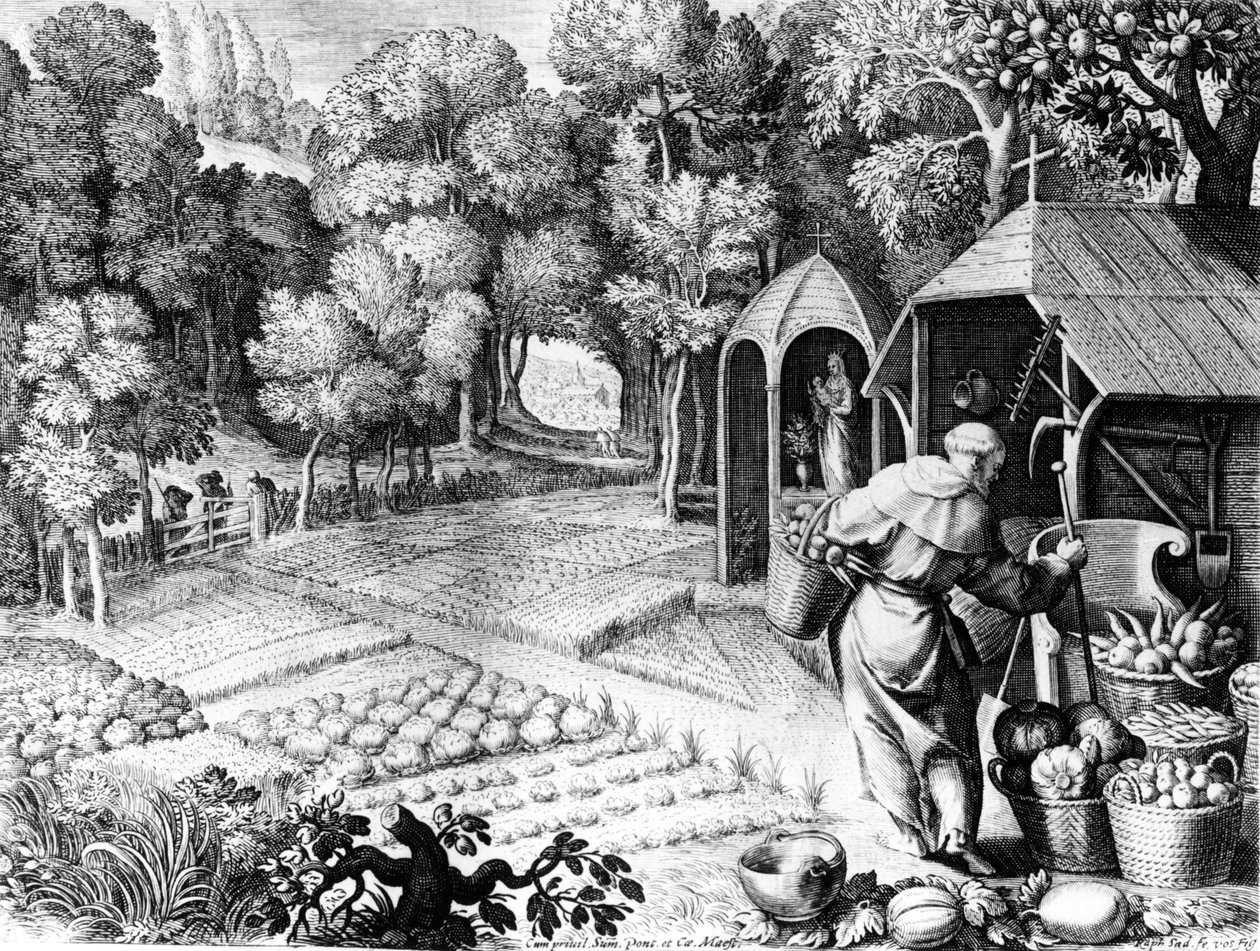 Szent Fiacre a kertjében, 1580-1620 körül alkotó: Raphael I Sadeler