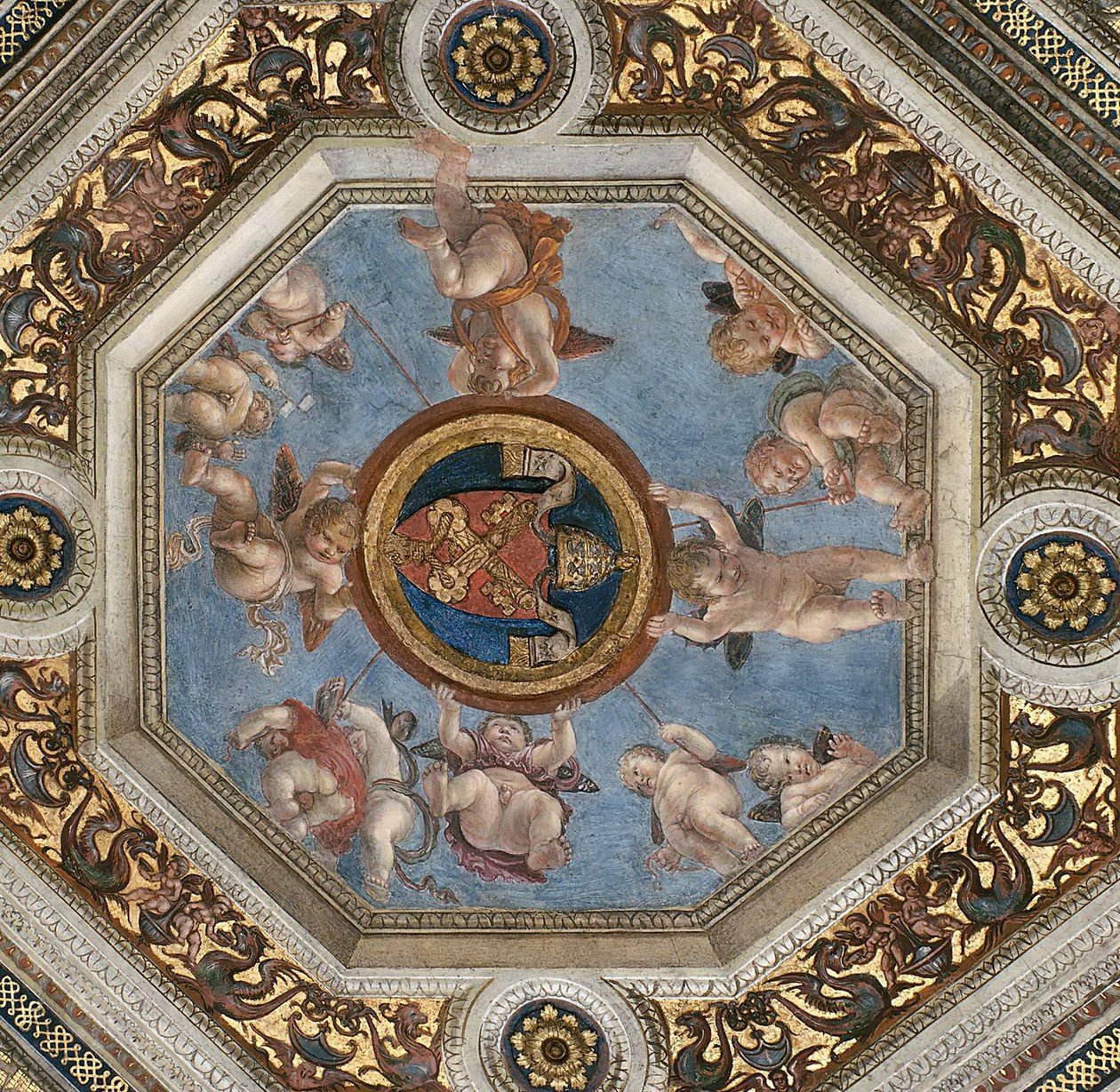 Mennyezet. Freskó a Stanza della Segnaturában, kb. 1510-1511. alkotó: Raphael