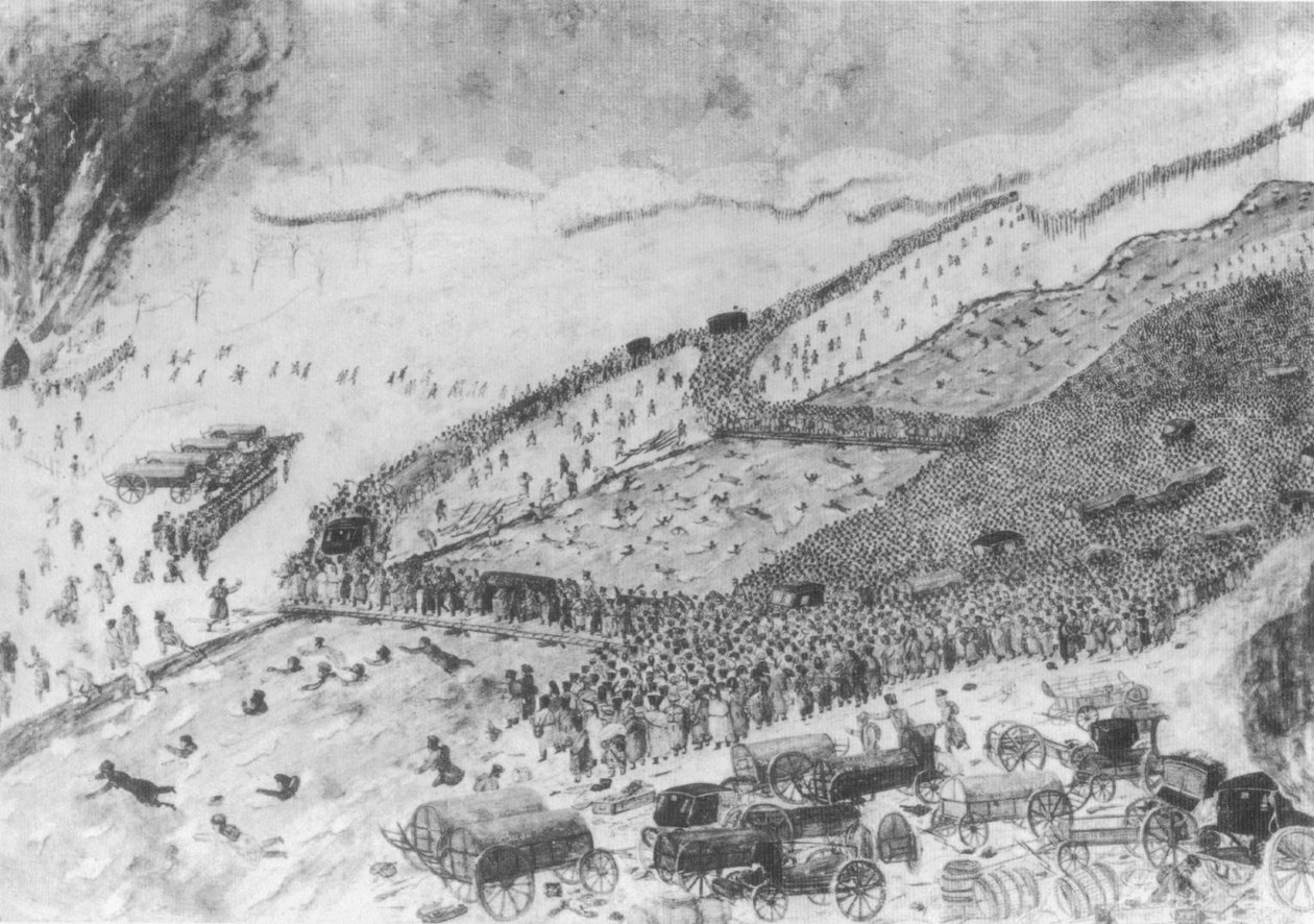A Berezina folyosója, 1812. november 26. A művész még nem született. Lásd ebben a munkában: Swidy hadnagy terve. A két híd végén a Grande Armee a gáton átkelt a mocsarakon. A csapatok teljes mértékben képviseltetik magukat alkotó: Raymond Fournier Sarloveze
