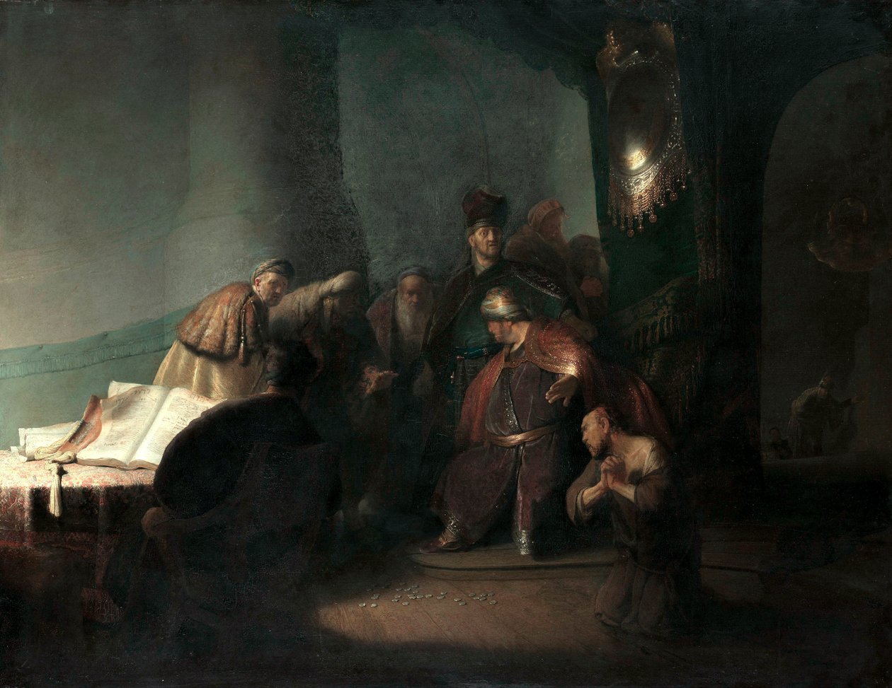 Júdás visszaadja a harminc ezüstöt alkotó: Rembrandt van Rijn