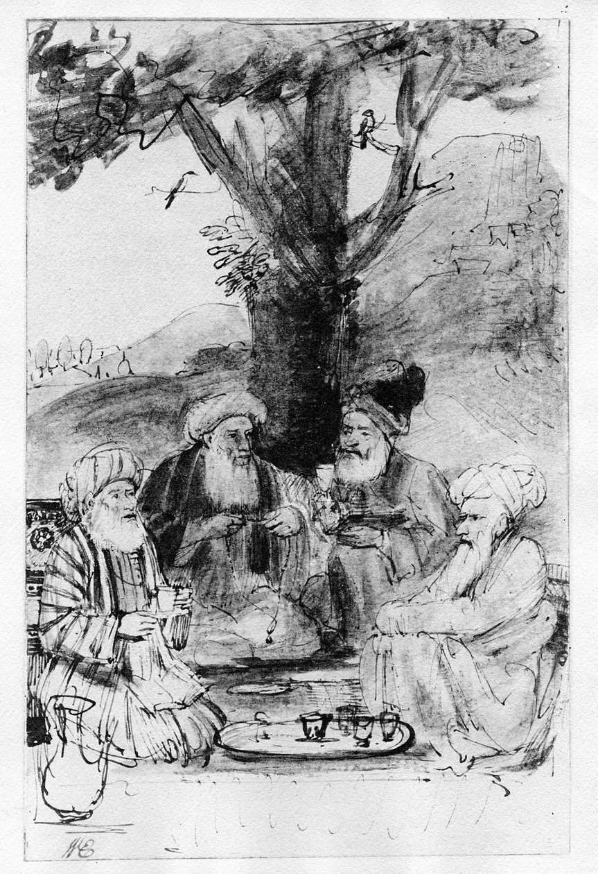 Négy keleti ül egy fa alatt, 1659 körül (toll, tinta és mosás papíron) alkotó: Rembrandt van Rijn