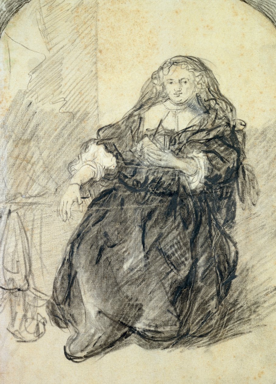 Ülő Saskia levéllel a bal kezében (fekete kréta fehér testszínnel a papíron) alkotó: Rembrandt van Rijn