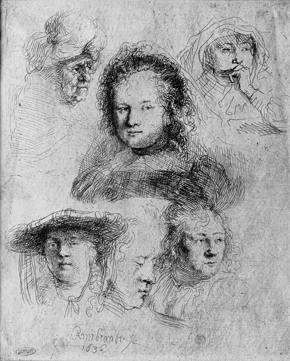 Hat fej Saskia van Uylenburgh-val (1612-42) a közepén, 1636 alkotó: Rembrandt van Rijn