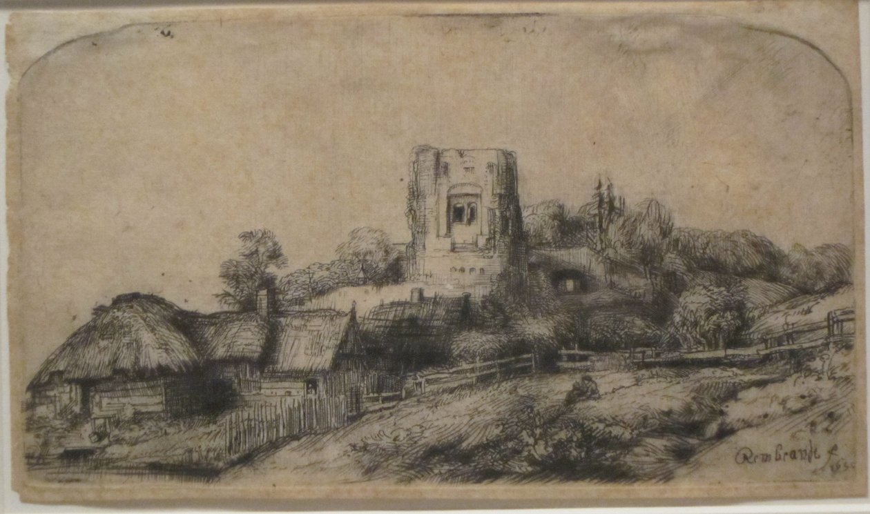 Tájkép egy négyzet alakú toronnyal alkotó: Rembrandt