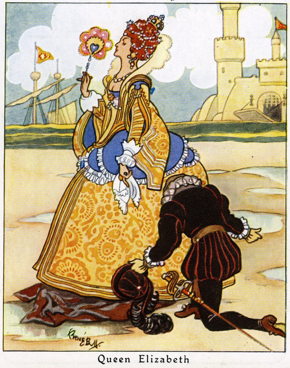 Sir Walter Raleigh lefekteti köpenyét I. Erzsébet királynő elé, hogy átmenjen egy tócsán, 1936 alkotó: René Bull