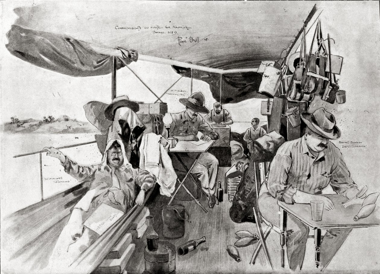 Háborús tudósítók a Khartoum felé vezető úton, fekete-fehérben nyomtatva, 1898. augusztus 20. (litográfia) alkotó: René Bull