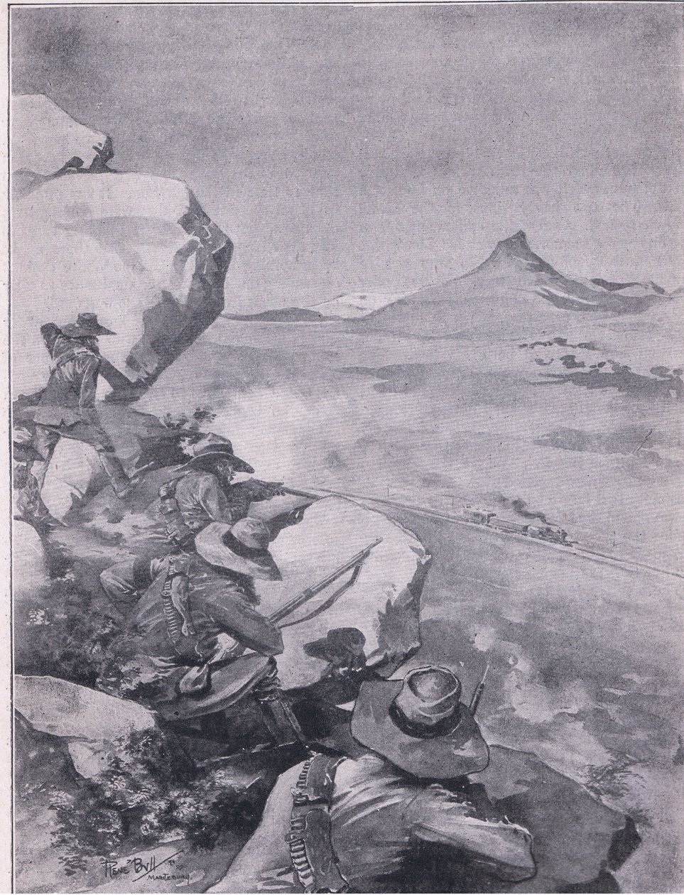 Búrok lövöldöznek French tábornok vonatára (litho) alkotó: René Bull