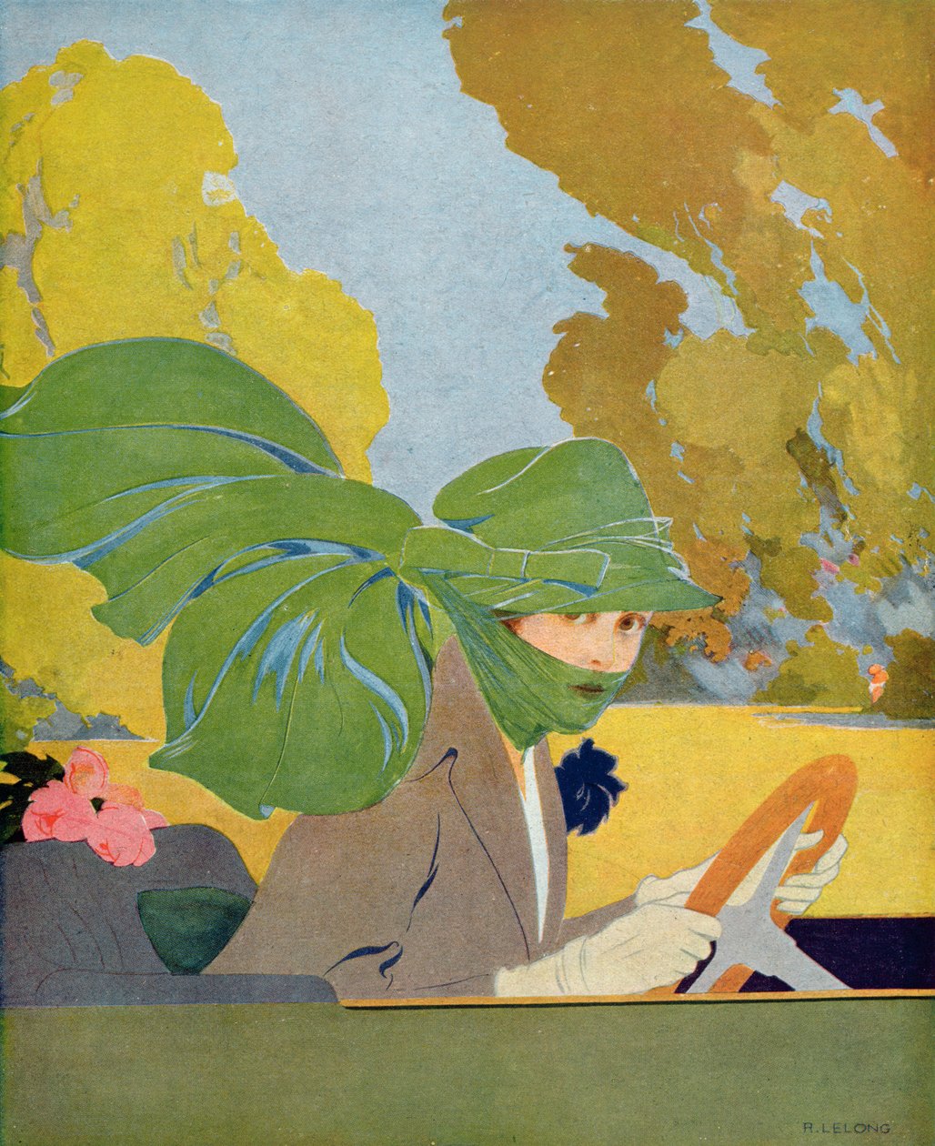 Marthe Chenal az autója volánjánál, illusztráció a Femina magazin 1919. augusztusi számából. alkotó: Rene Lelong