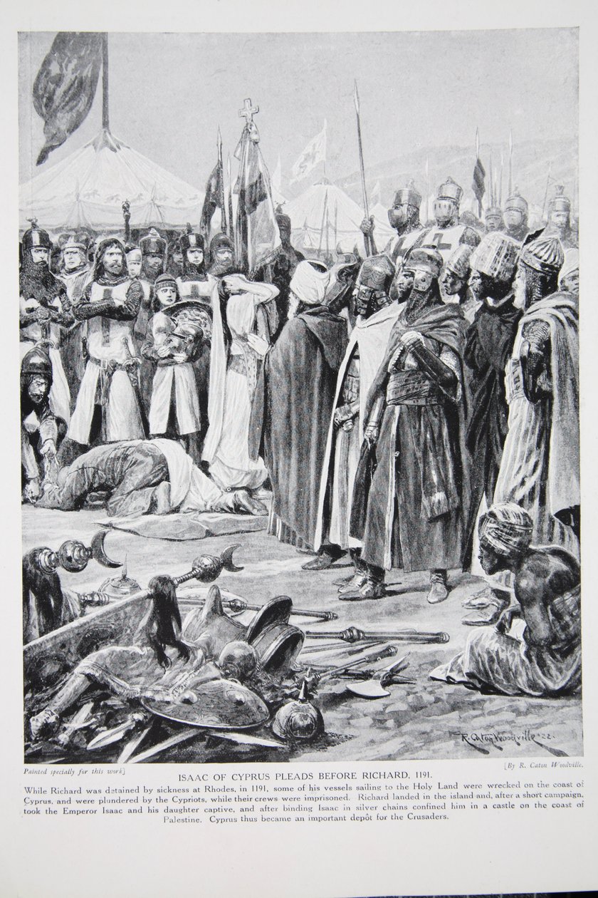 A ciprusi Izsák Richard előtt könyörög, 1191, illusztráció a „Hutchinson története a brit nemzetről”, 1923 körül alkotó: Richard Caton Woodville junior