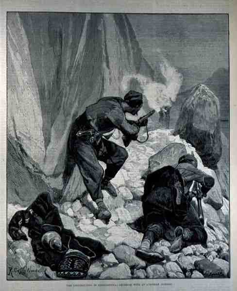 A felkelés Hercegovinában: Csetepaté egy osztrák előőrssel, W. I. Mosses metszete, a The Illustrated London Newsból, 1882. március 18. alkotó: Richard Caton II Woodville