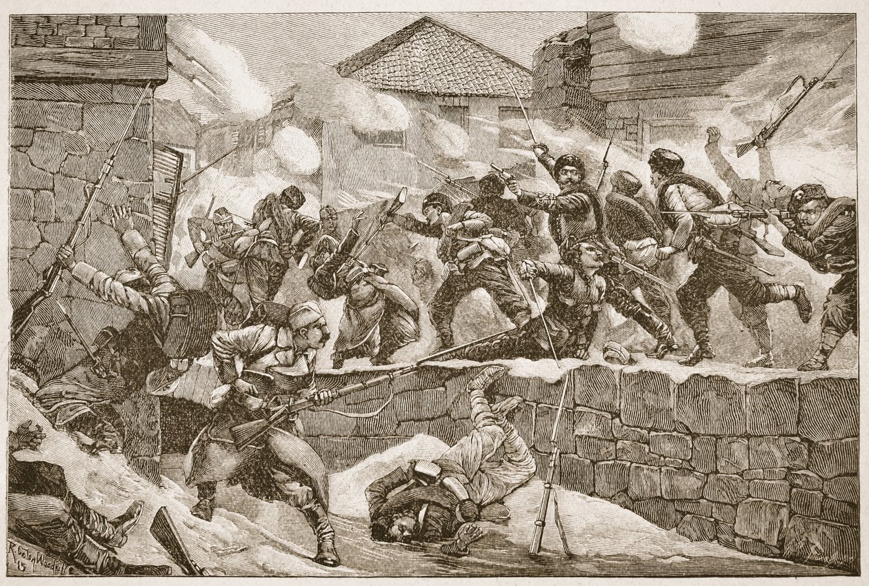 A bolgár hadoszlop bruttó része lendületes támadást intézett a város ellen, illusztráció Archibald Forbes, G.A. Henty és Arthur Griffiths őrnagy "Battles of the Nineteenth Century" című művéből. alkotó: Richard Caton Woodville