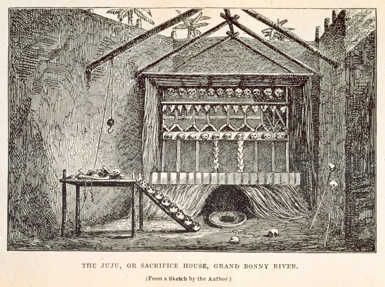 A Juju, avagy áldozati ház, Grand Bonny River, a „Vándorlások Nyugat-Afrikában Liverpooltól Fernando Poig” című művéből, Richard F. Burton, metszett a Tinsley Brothers, 1863 alkotó: Richard Francis Burton