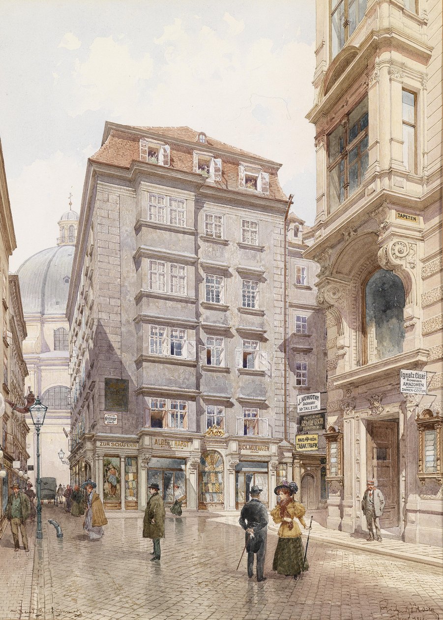 Albert Hardt drapériaüzlete a Freisingergasse-ban, hátul a Szent Péter-templommal alkotó: Richard Moser