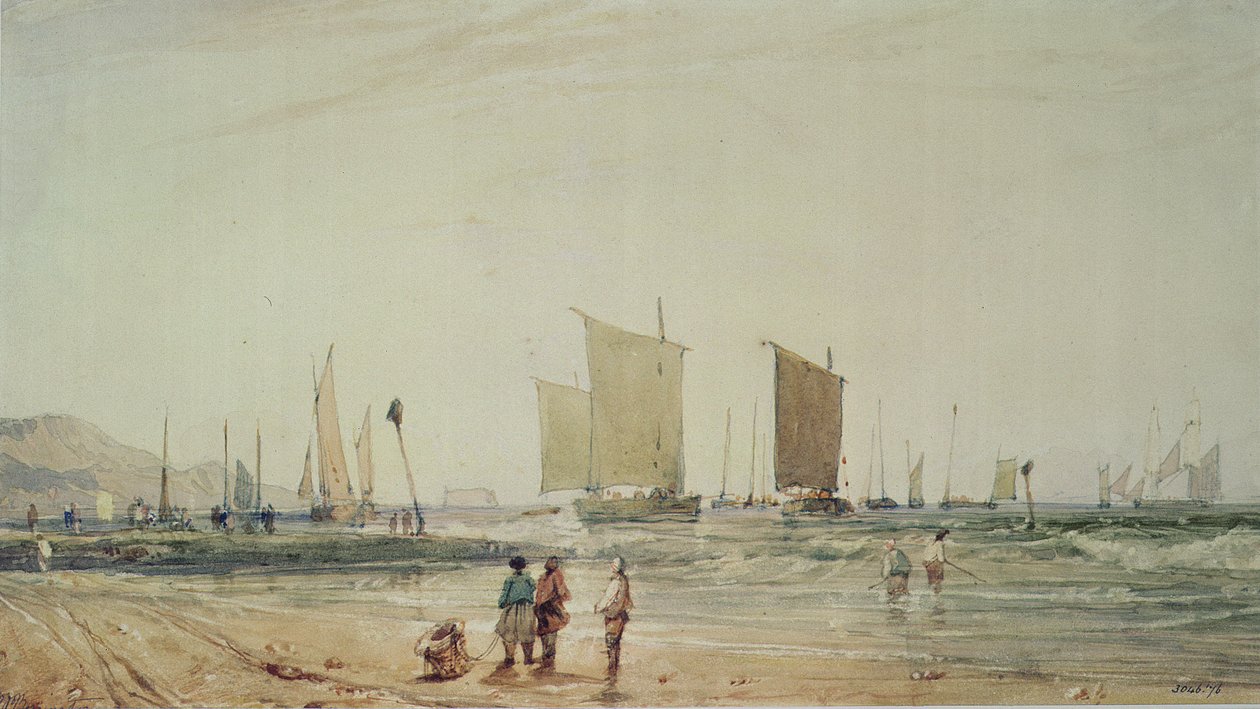 Francia-part halászhajókkal, 19. század (akvarell) alkotó: Richard Parkes Bonington