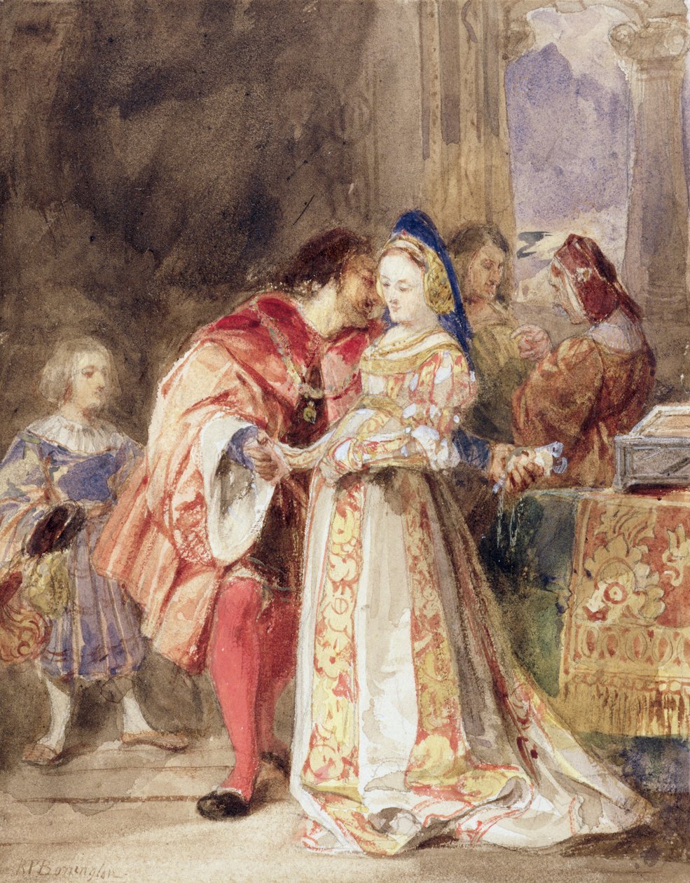 Portia és Bassanio, 1826 körül (wc, barna tinta, testszín és grafit papíron) alkotó: Richard Parkes Bonington