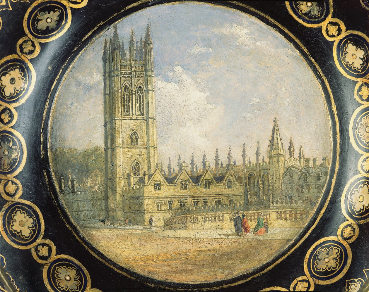Oxfordi Magdalen College jelenetével díszített viktoriánus kártyatálca (papírmasé) alkotó: Richard Phene and Benjamin W. Spiers