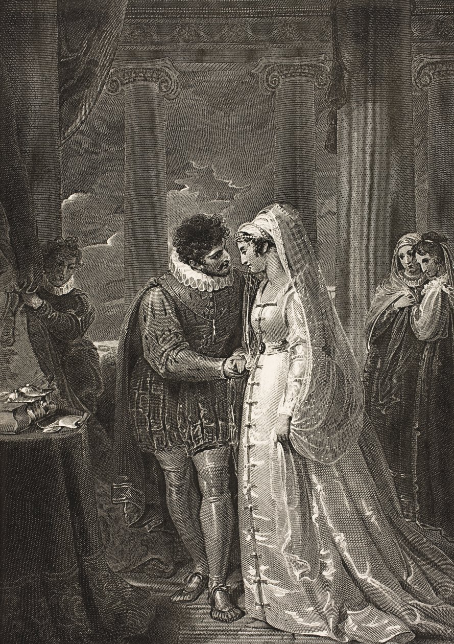 Egy szoba Portia házában, III. felvonás, II. jelenet a „Velencei kereskedő”-ből, a Boydell Shakespeare Galériából, 19. század végén jelent meg alkotó: Richard Westall