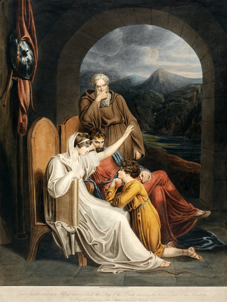 Judit királynő elszavazza Alfrédnak, amikor a gyermek a bárdok dalait, és leírja ősei kocsmájának hősi tetteit. 1801 alkotó: Richard Westall