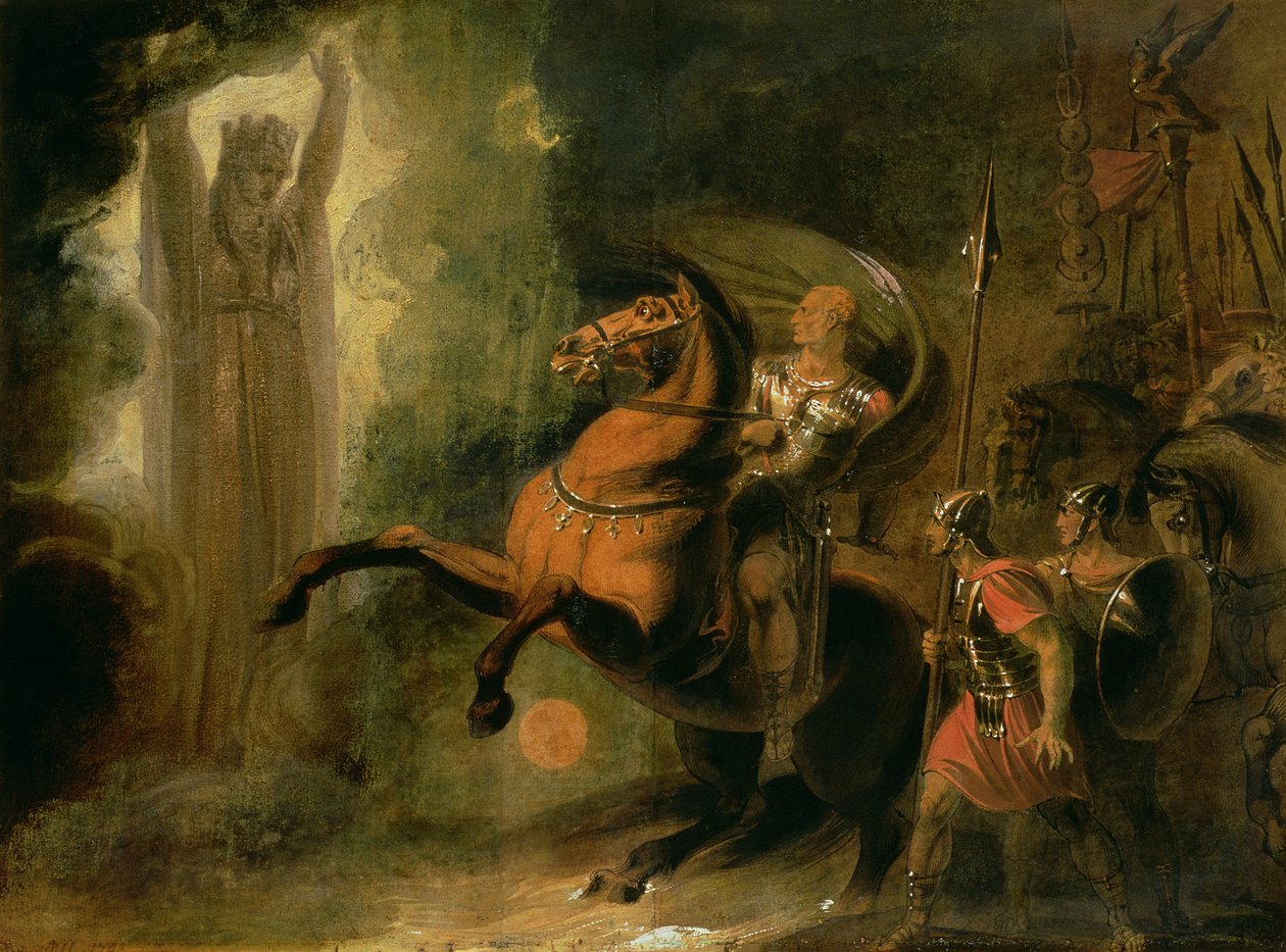 A Roma istennő megjelenik Julius Caesarnak a Rubicon bankban, 1793 körül (wc és olaj, papír) alkotó: Richard Westall