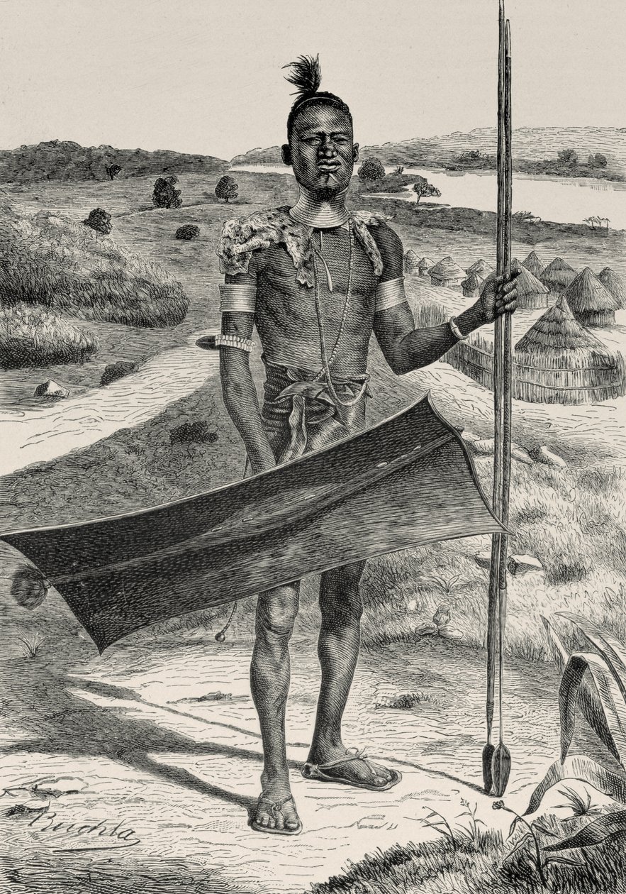 Shuli Warrior teljesen felszerelve: Falu a háttérben, Prof. Friedrich Ratzeltől: Az emberiség története, pub. 1904-ben alkotó: Richard Buchta