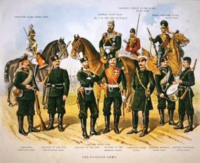 Az orosz hadsereg, 1890 körül (színes litho) alkotó: Richard (after) Simkin