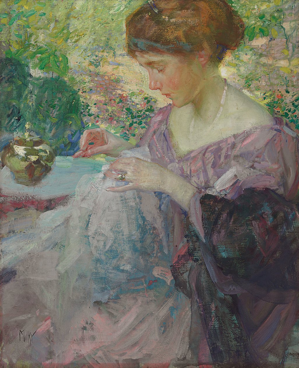 Fiatal nő varrás (olaj, vászon) alkotó: Richard Emil Miller