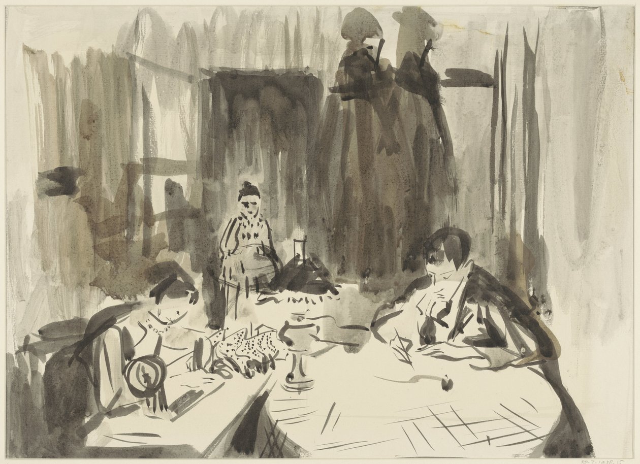 Belső három figurával lámpafénynél alkotó: Rik Wouters