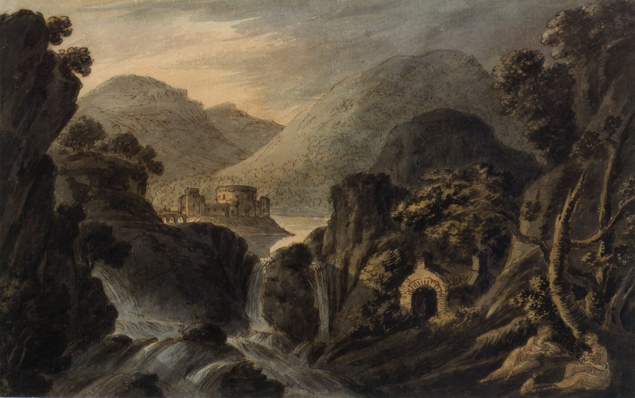 Klasszikus táj vízeséssel alkotó: Robert Adam