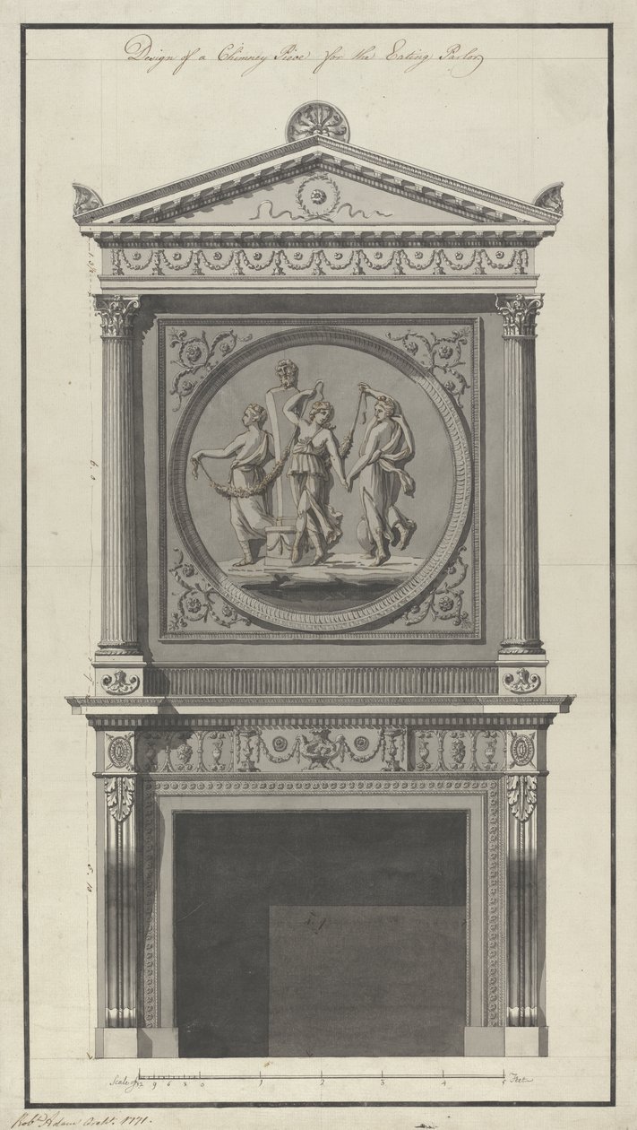 Headfort ház. Ebédlő, kéménydarab, 1771 (toll és tinta, mosás papíron) alkotó: Robert Adam
