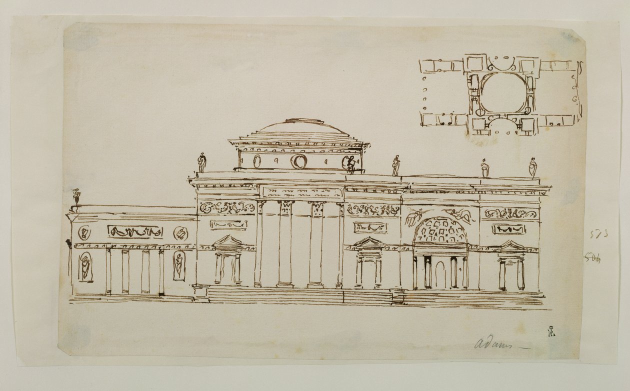 Vázlatos terv kupolás épülethez (toll és tinta) alkotó: Robert Adam