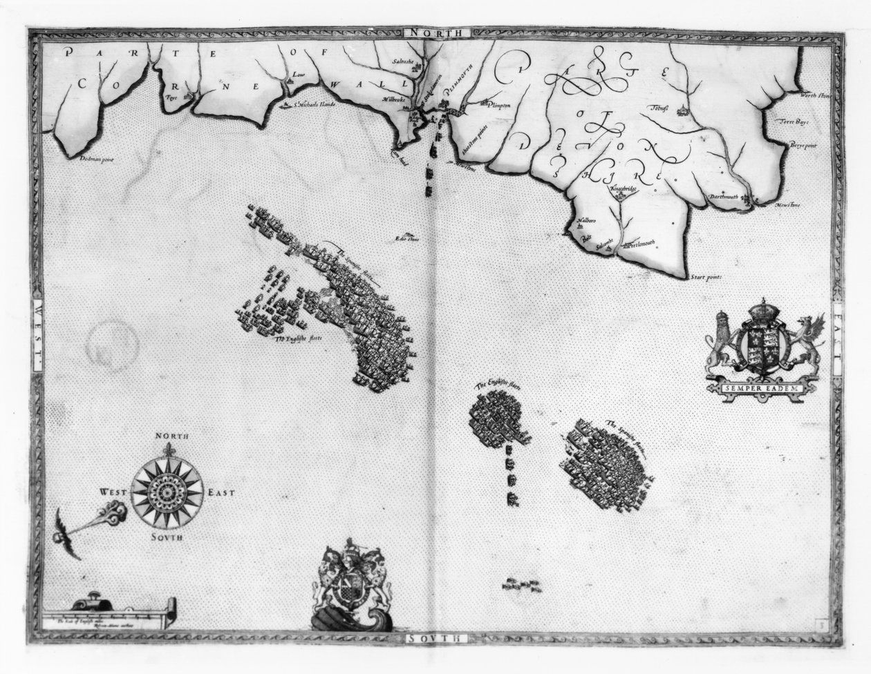 3-as térkép Az Armada flotta útvonalát ábrázolja, vésette Augustine Ryther, 1588 alkotó: Robert Adams