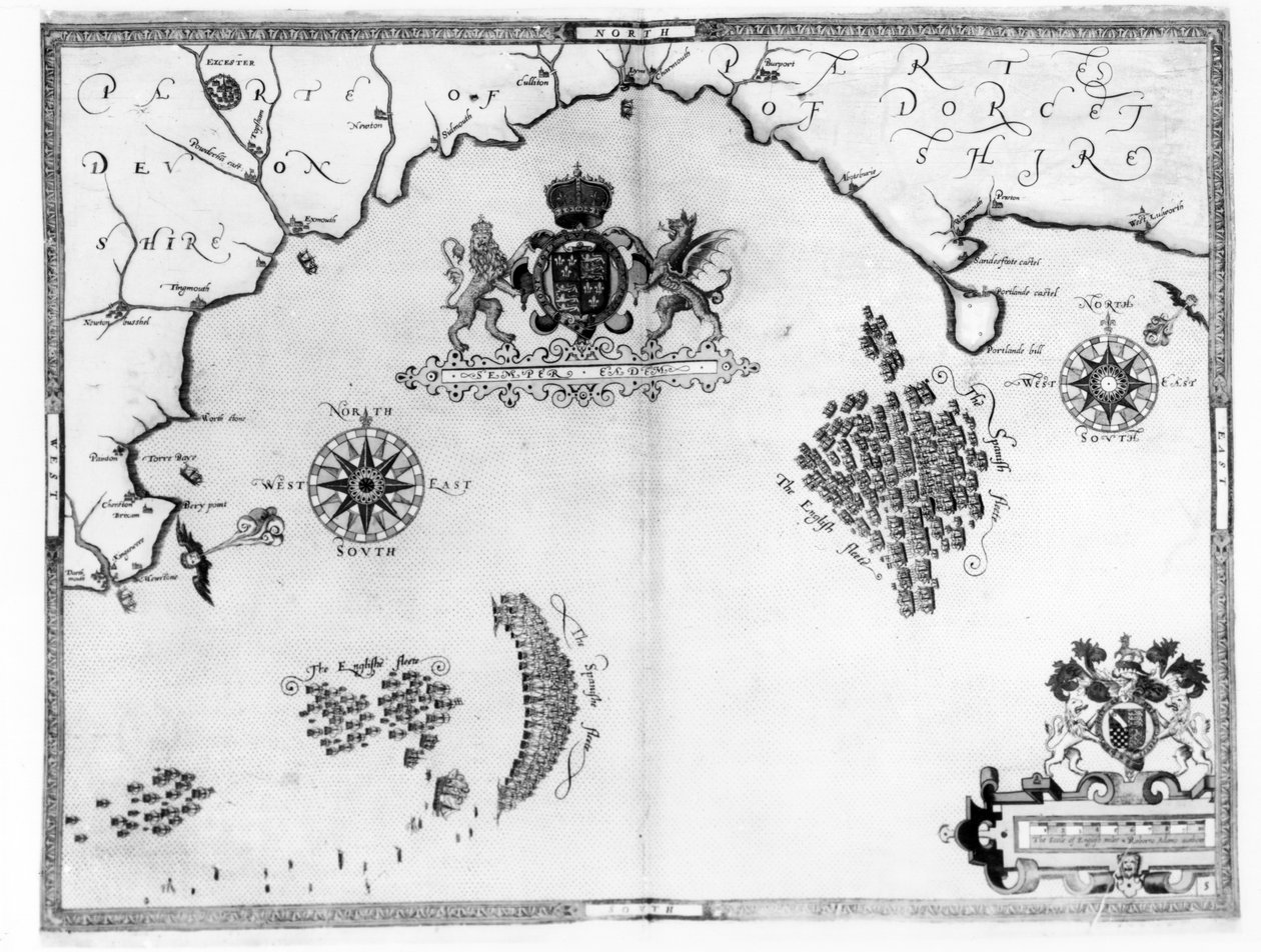 5-ös térkép Az Armada flotta útvonalát ábrázolja, vésette Augustine Ryther, 1588 alkotó: Robert Adams