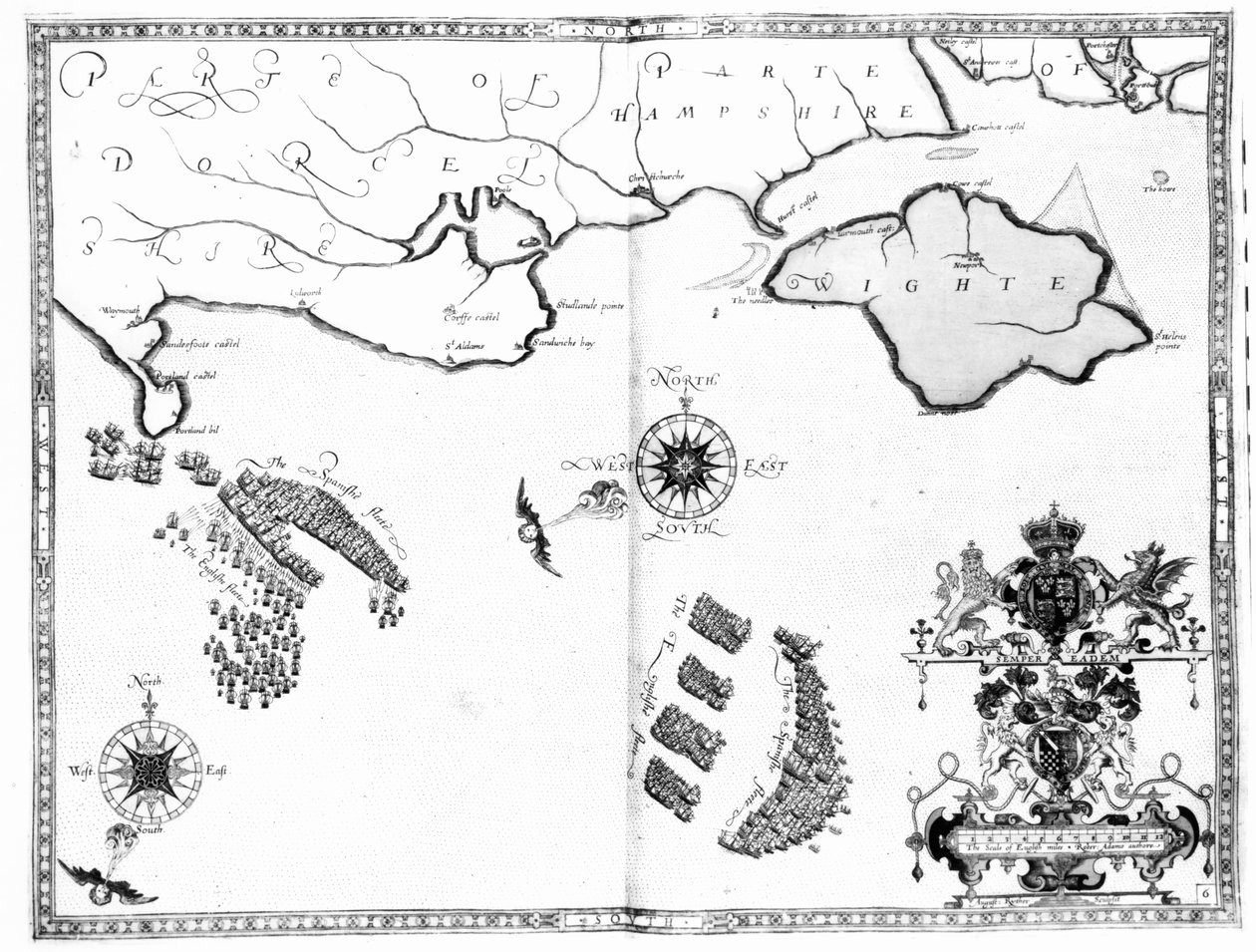 6-os térkép, amely az Armada flotta útvonalát mutatja, Augustine Ryther vésette, 1588 alkotó: Robert Adams