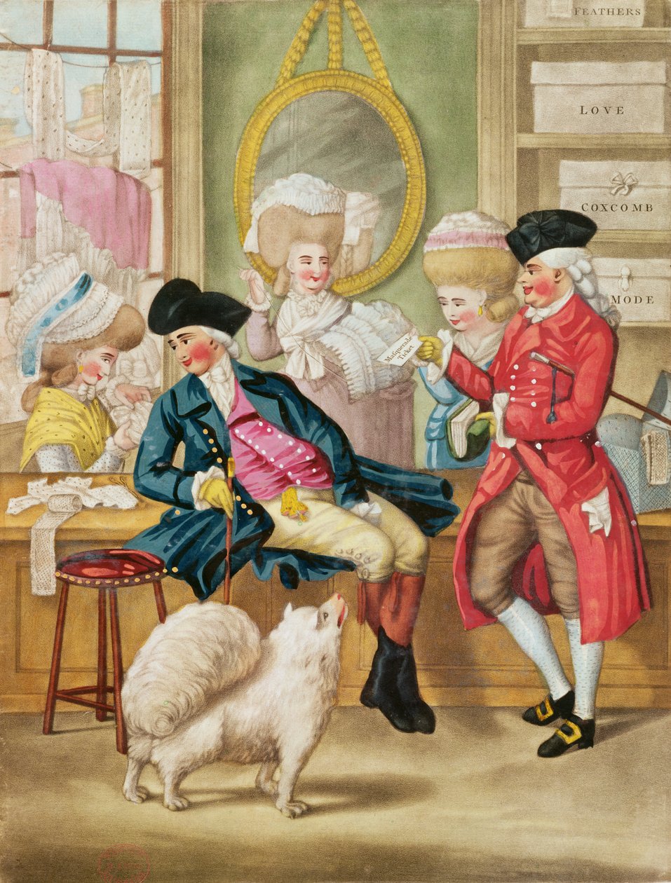 A Morning Ramble vagy a Milliners Shop, 1782 (kézzel színezett mezzotint) alkotó: Robert Dighton