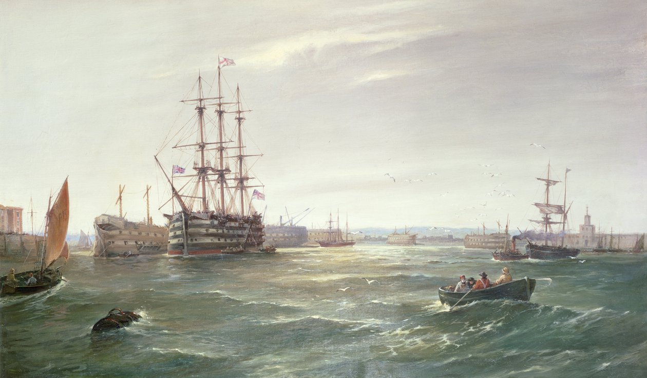 Portsmouth kikötője: HMS „Victory” a Hulkok között, 1892 (olaj) alkotó: Robert Henry Roe