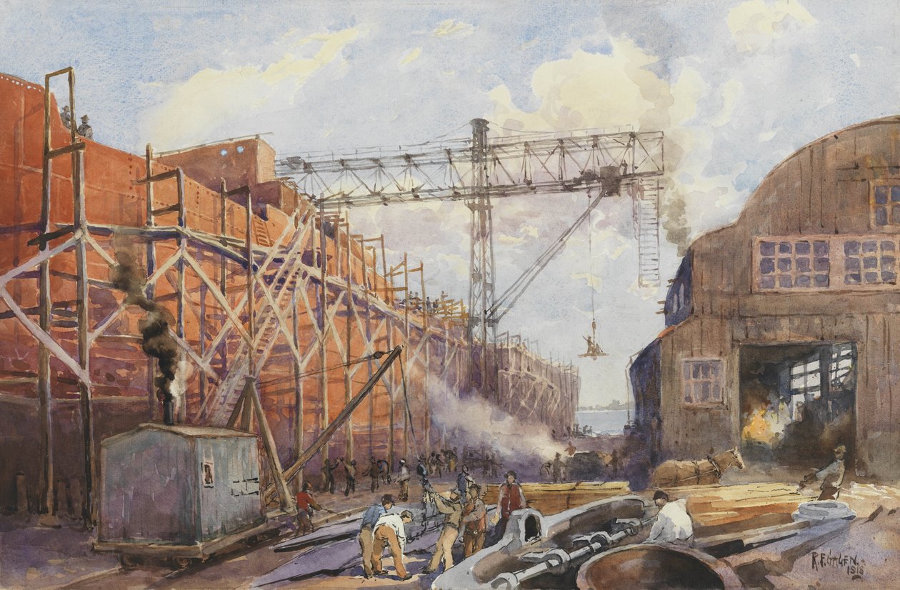 Polson Iron Work Yard, Ship War Hydra on Stocks, 1918 alkotó: Robert Ford Gagen