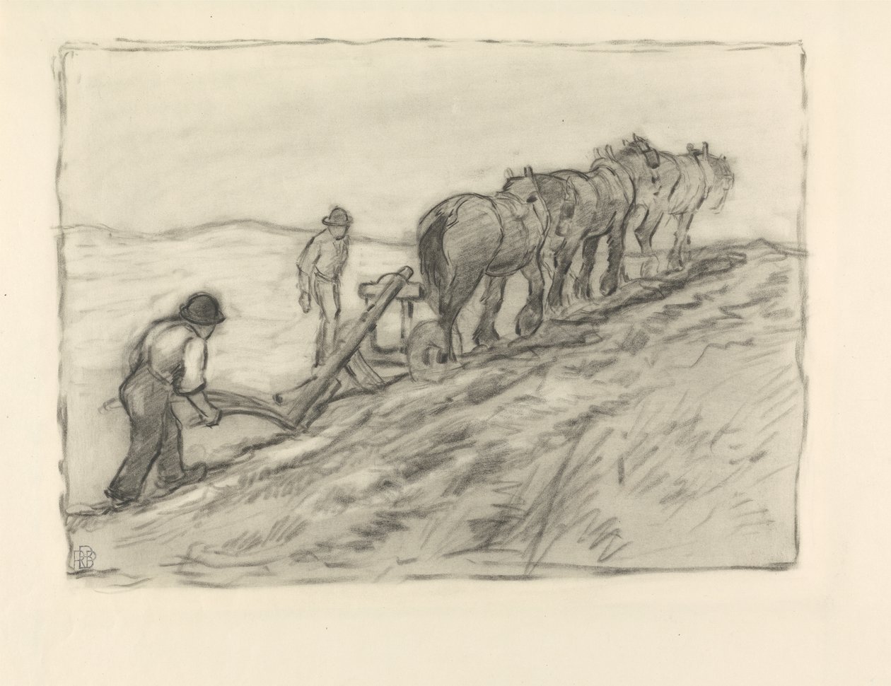 Plowing the Hillside, 1905 körül (fekete zsírkréta a papíron) alkotó: Robert Polhill Bevan