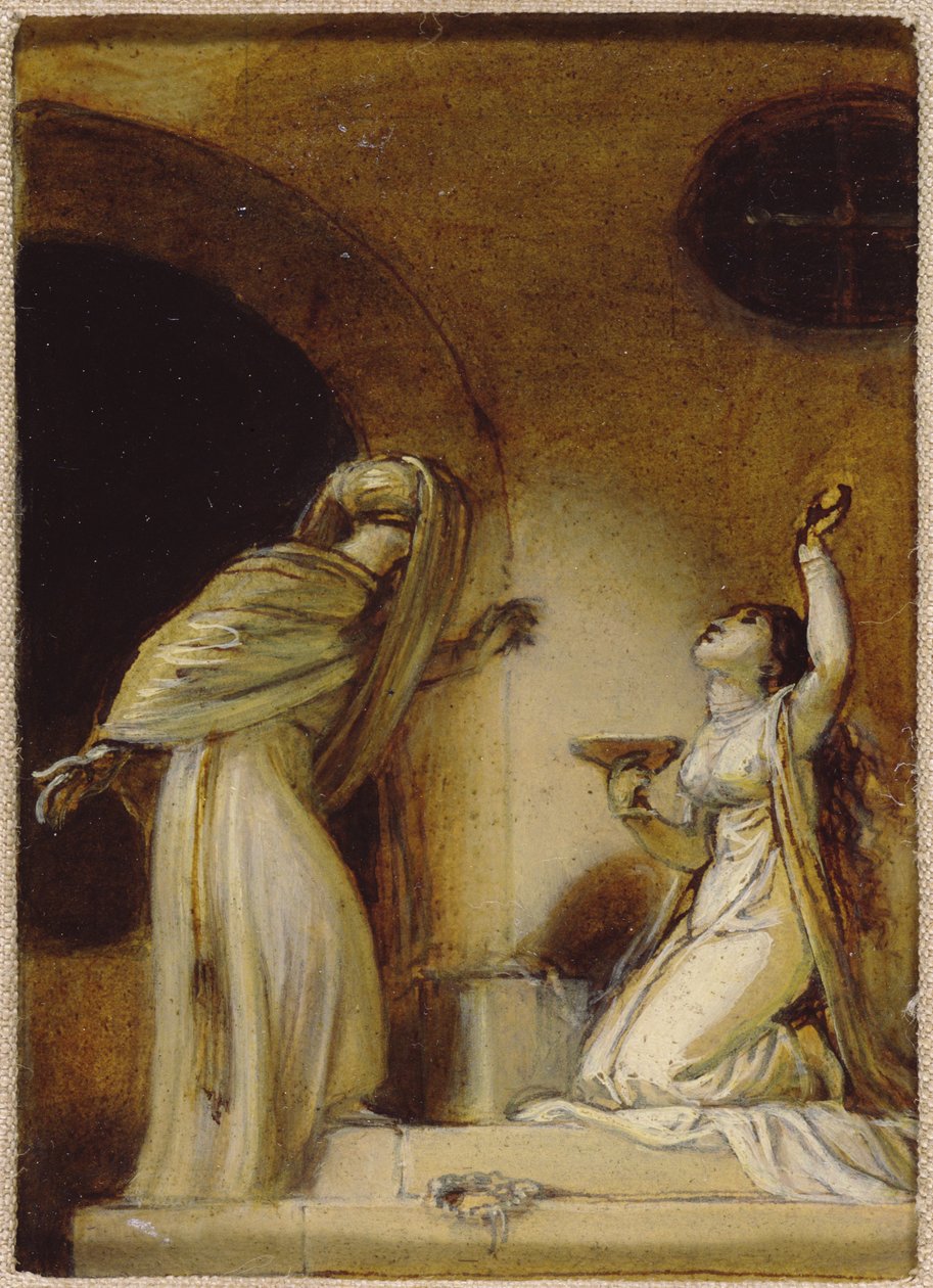 Térdelő női alak csészével, illusztráció egy keleti románchoz, esetleg "The Arabian Nights" (olaj, papír a táblán) alkotó: Robert Smirke