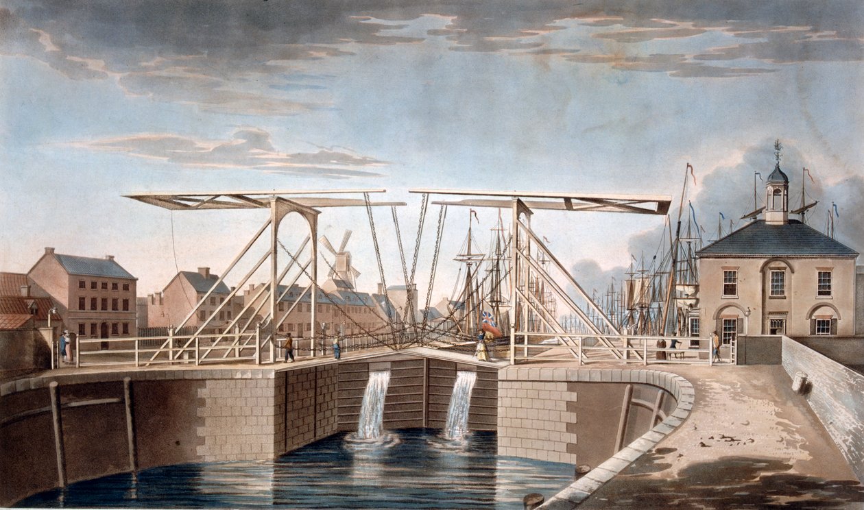 Bascule híd és új dokkok Kingston-upon-Hullban, Yorkshire, 1786 (színes akvatinta) alkotó: Robert Thew