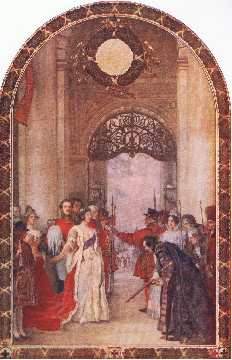 A királyi börze megnyitása Viktória királynő által, a Waverley Book Company Limited által kiadott Cassells History of the British People című könyvből, 1940 körül alkotó: Robert Walker Macbeth