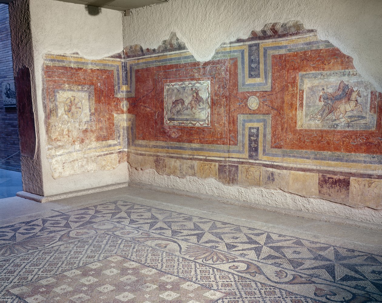 Egy római ház belsejének felfrissülése, mozaikpadlóval és cirkuszt és vadászjeleneteket ábrázoló falfestményekkel (freskó és mozaik) alkotó: Roman