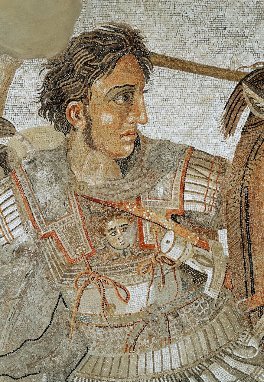 Nagy Sándor (Kr. e. 356-323) a „Sándor-mozaikból”, amely Sándor és III. Dareiosz (i.e. 399-330) közötti Issus-i csatát ábrázolja ie 333-ban, padlómozaik eltávolítása a Casa del Fauno-ból (ház) alkotó: Roman