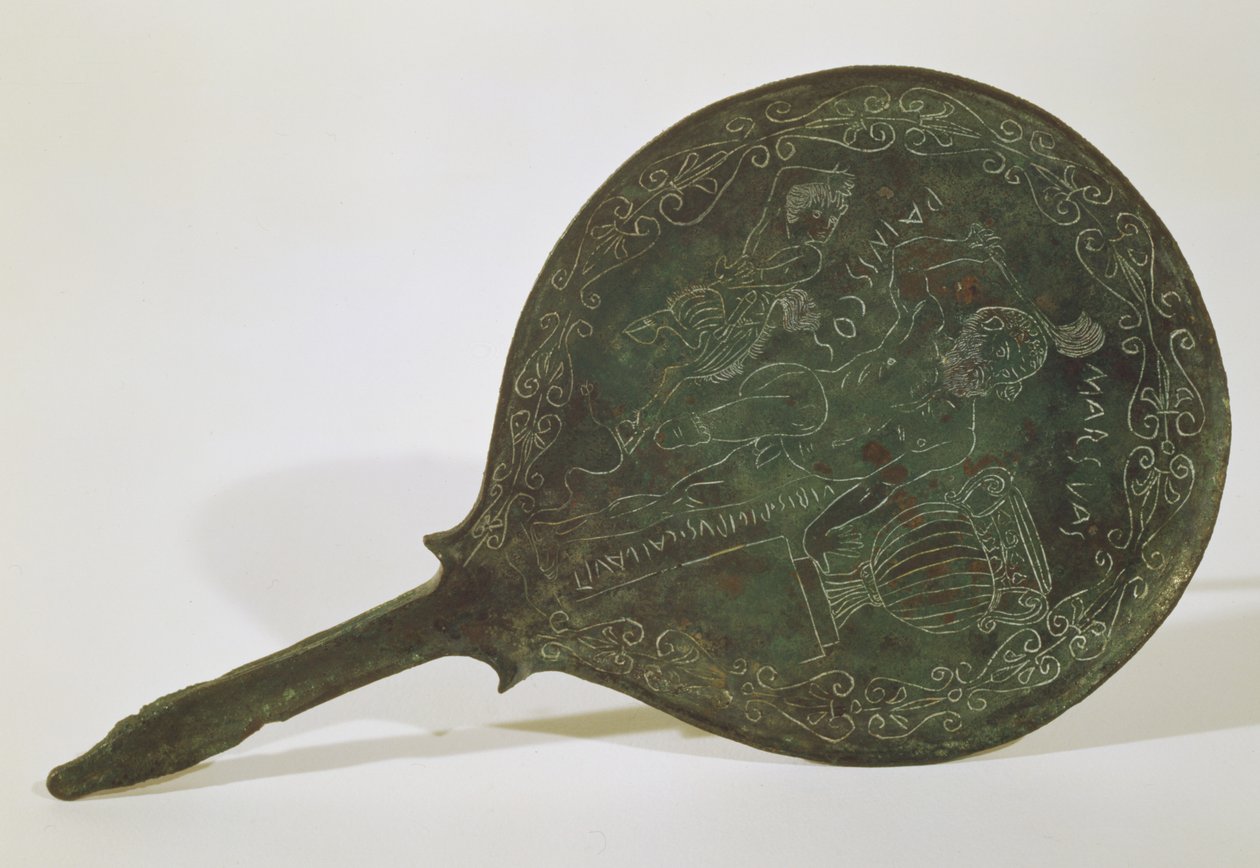 Tükör Marsia, Prenestino aláírásával (bronz) alkotó: Roman
