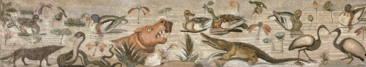 Nílusi jelenet, a Casa del Fauno-ból (A Faun Háza) Pompeii (mozaik) alkotó: Roman