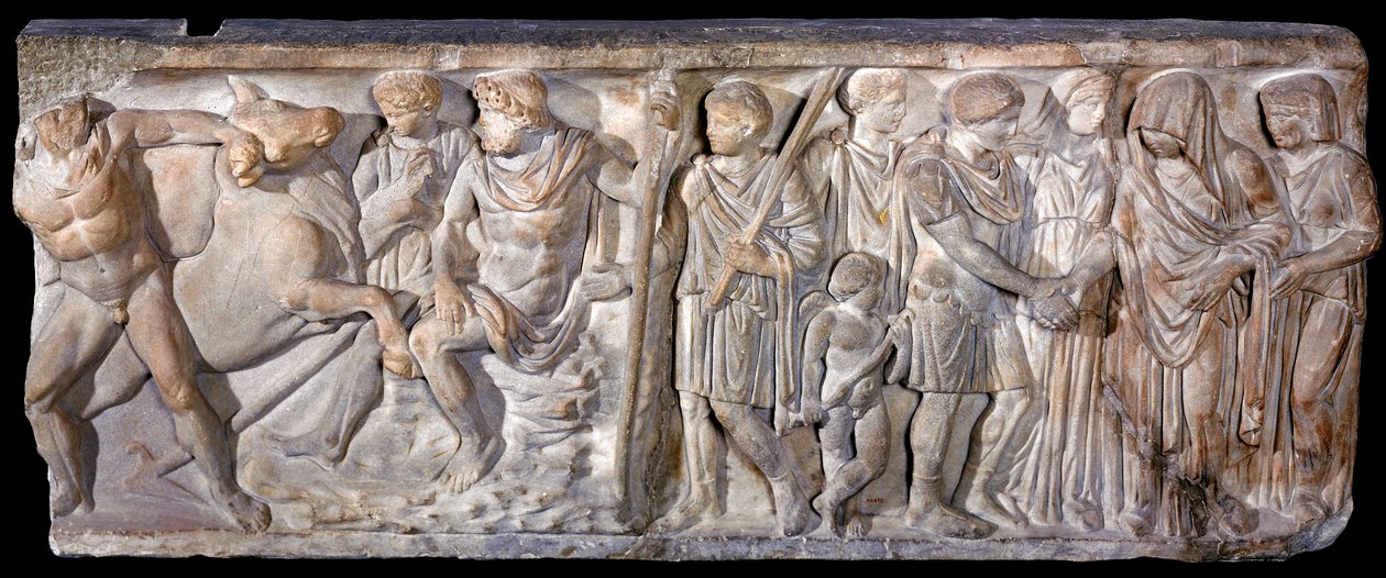 Jasont és a tüzet lélegző bikát ábrázoló szarkofág Kolchiszben, ie 753-476 (márvány) alkotó: Roman
