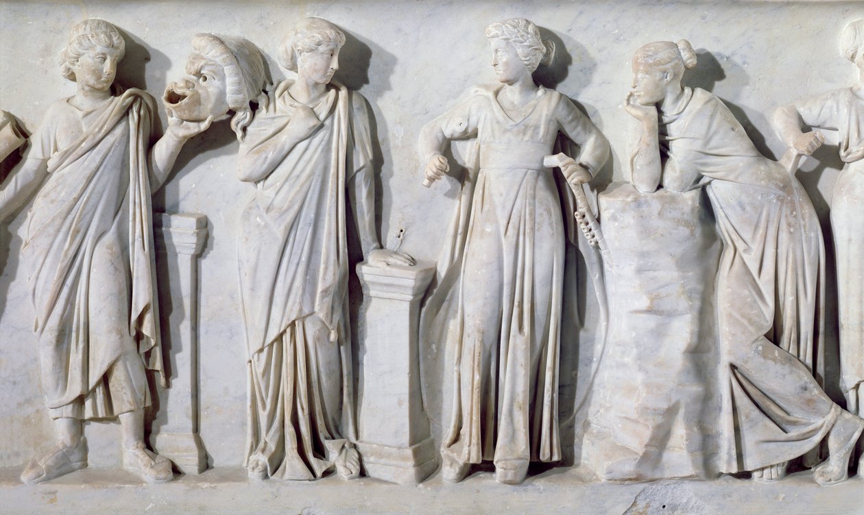 A múzsák szarkofágja, Thalia, Erato, Euterpe és Polyhymnia részlete, i.sz. 160 körül márvány alkotó: Roman