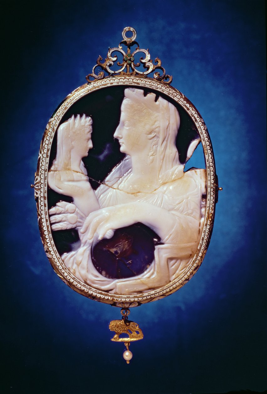 Sardonyx Cameo Augustus császár (Kr. e. 63-14) és Tiberius (Claudius Nero) (Kr. e. 42-37) Lívia profilját viseli, 1. század (szardonyx) alkotó: Roman