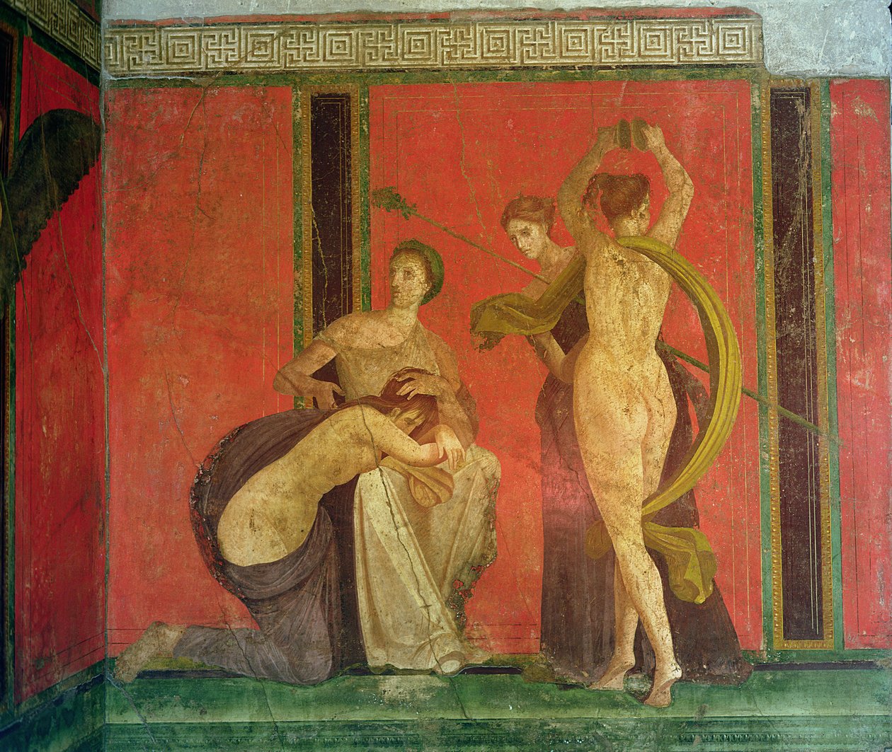 Megkorbácsolt nő és táncos cintányérokkal, déli fal, Oecus 5, második pompei stílus alkotó: Roman